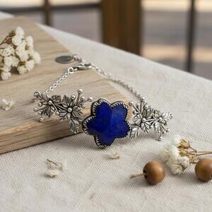 Genuine Lapis Cherry Blossom Concave Bracelet | Sterling Silver .925 | 7–8”